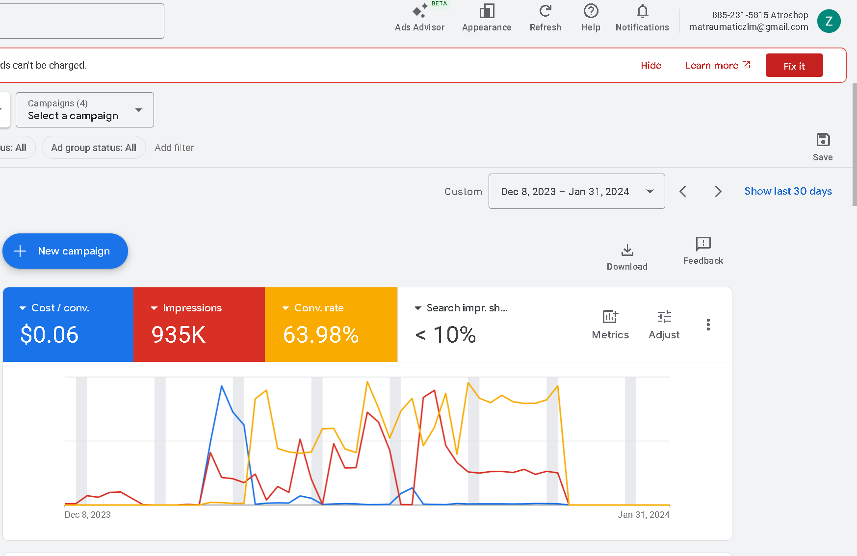Google Ads campaign screenshot showing cost per conversion, impressions, and conversion rate
